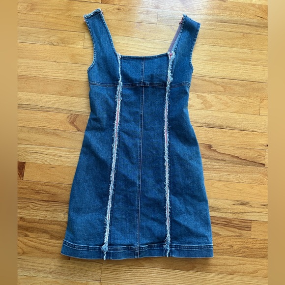 Urban Outfitters Medium Wash Denim Mini Dress with Pink and White Frayed Detail - Picture 1 of 9